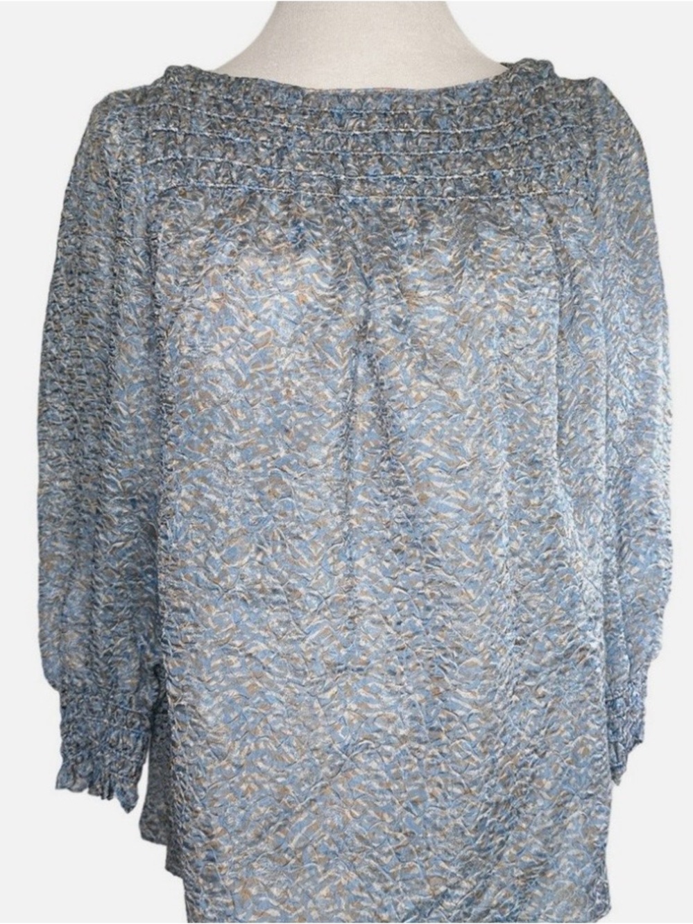 Lafayette 148 New York Sky Blue Multicolor Smocked Yoke Blouse